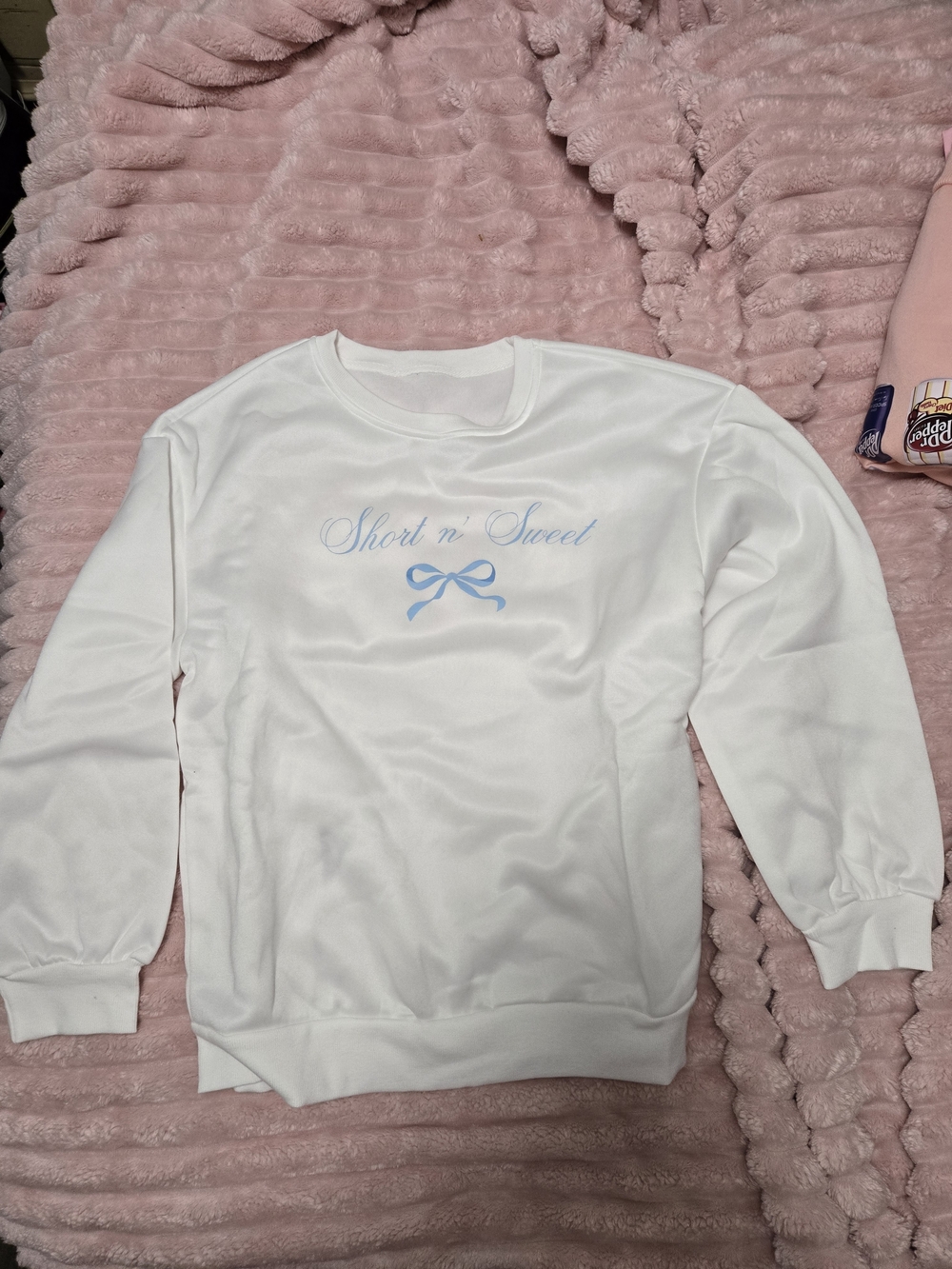 White 'Short n' Sweet' Crewneck Sweater with Blue Bow